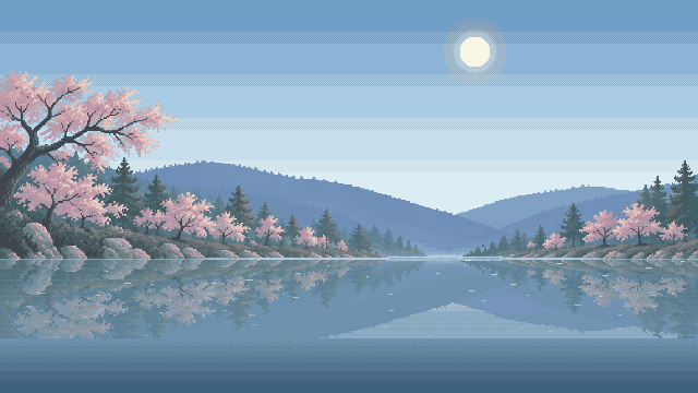 Two cats share a fishing boat in a valley of falling cherry blossoms.
