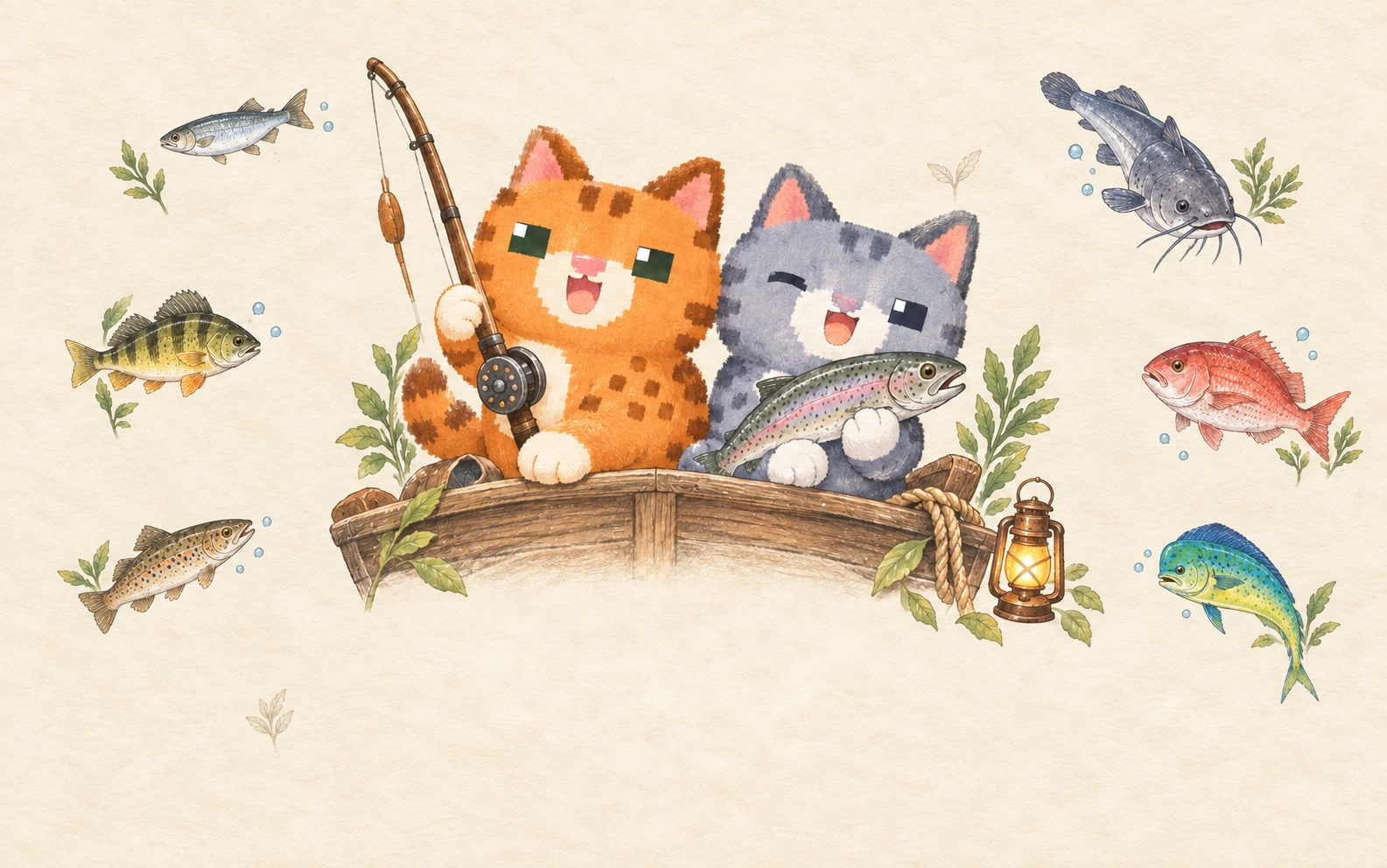 A ginger cat and a gray cat sit in a small boat. Six little fish dot the pale paper background on either side.